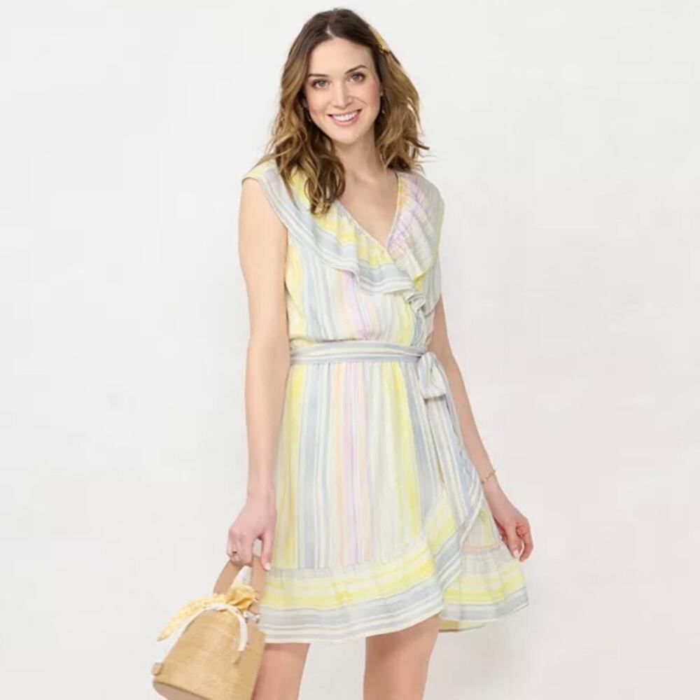 LC Lauren Conrad | Ruffled Wrap Dress NEW Womens Large Waterfall Hem Midi Pastel